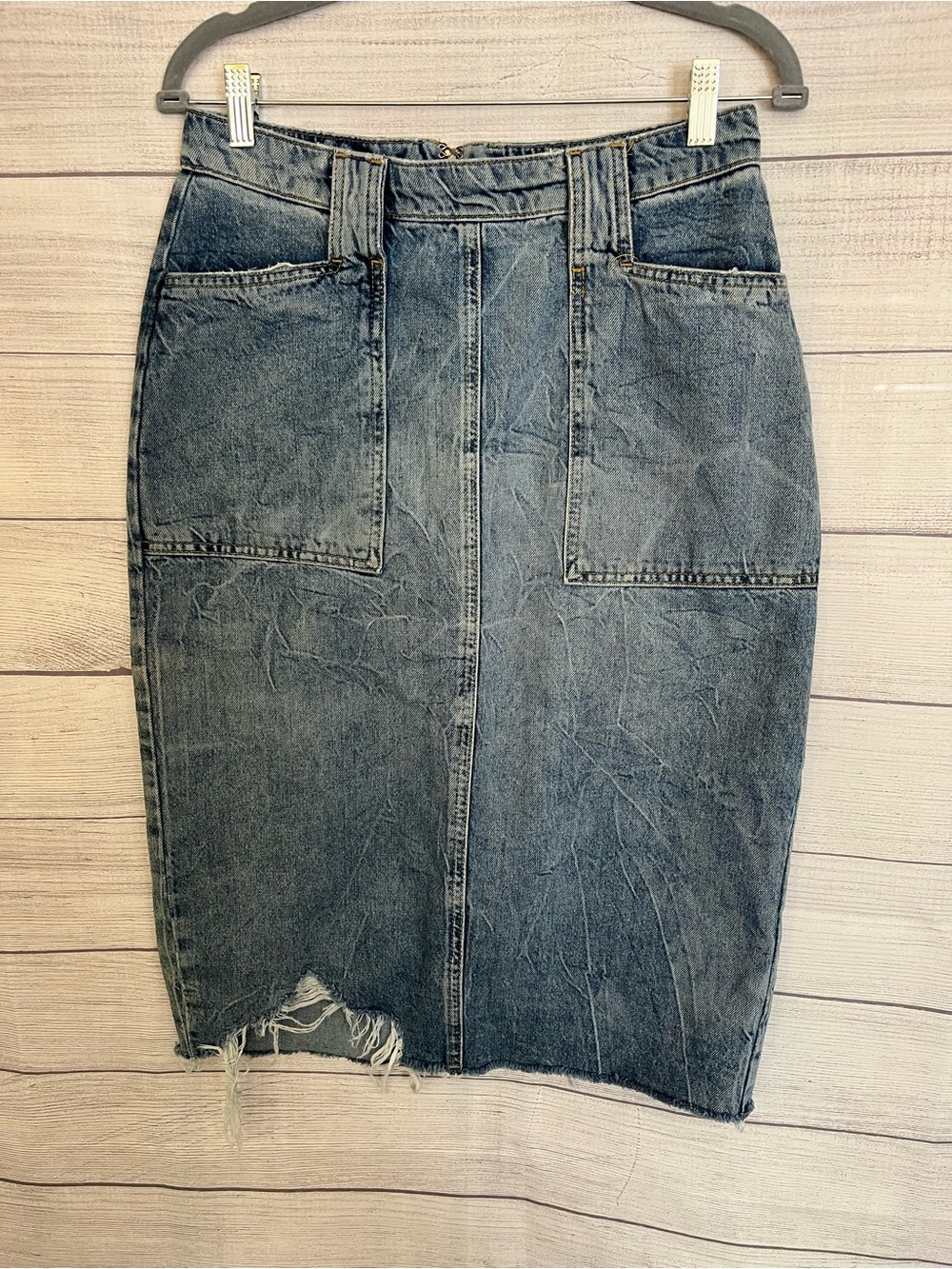 We The Free | Light Blue Distressed Denim Pencil Skirt - Picture 2 of 9